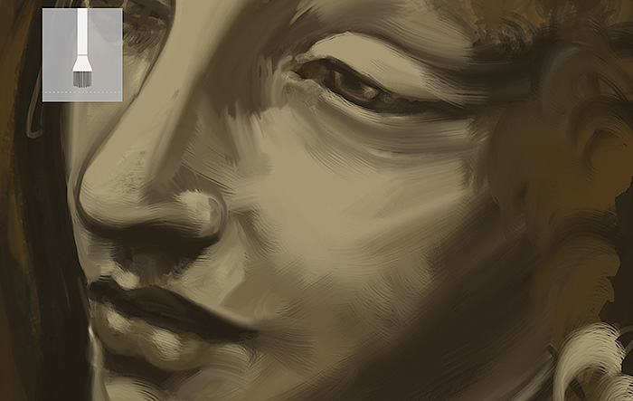Digital painting study in umber and bone: a downturned face after an old master, brushstrokes loose, a brush-tool icon floating top left