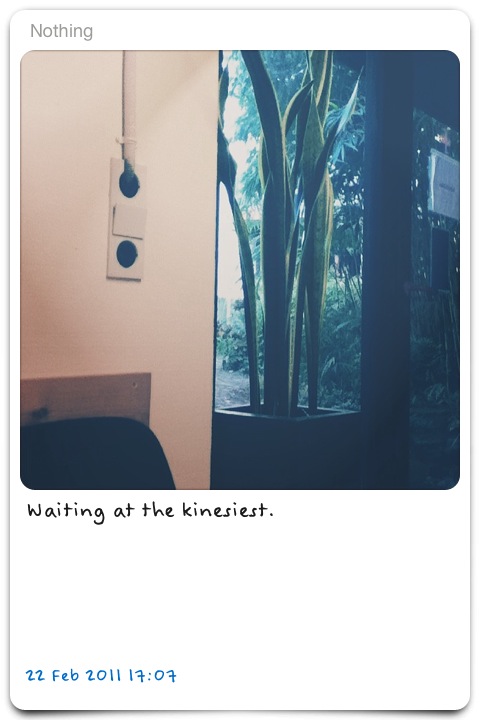 Photo journal card captioned 'Waiting at the kinesiest.' — a waiting-room corner: pull cord, wall socket, sansevieria in the window, 22 Feb 2011 17:07