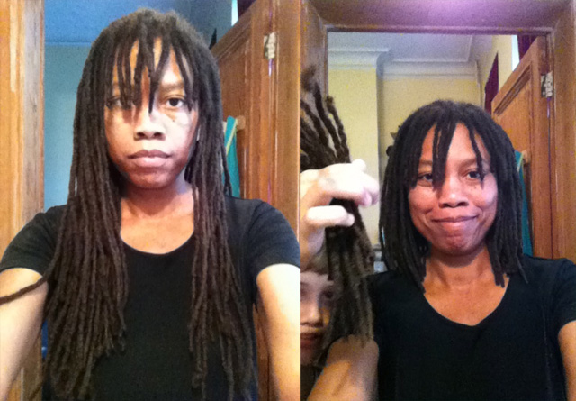 Before and after, two selfies: long dreadlocks past the chest, then cut to chin length, holding up the severed hair with a grin (a face photobombing below)