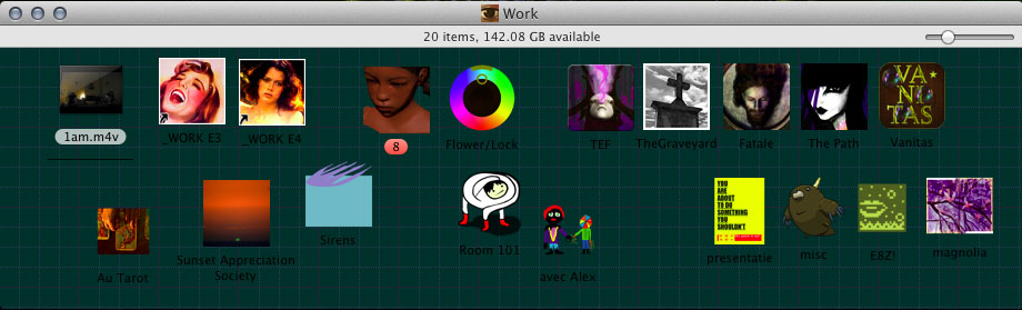 Mac folder named Work, 20 items on a dark green desktop: 1am.m4v, Flower/Lock, TEF, TheGraveyard, Fatale, The Path, Vanitas, Sirens, Room 101, Au Tarot and more