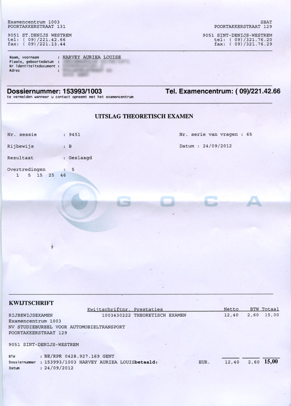 Belgian driving-theory exam sheet from the GOCA centre, 24 September 2012: 'Uitslag Theoretisch Examen — Geslaagd' (passed), receipt stapled below Belgian driving-theory exam sheet from the GOCA centre, 24 September 2012: 'Uitslag Theoretisch Examen — Geslaagd' (passed), receipt stapled below