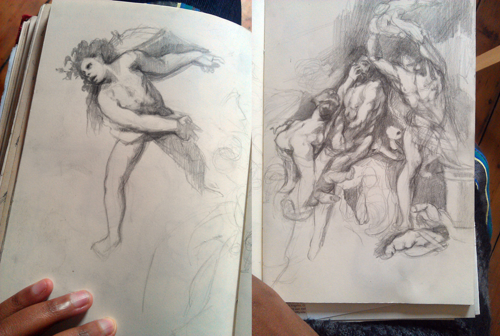 Sketchbook 44: pencil studies after Titian — a twisting nude with flying drapery, and a tangle of struggling figures