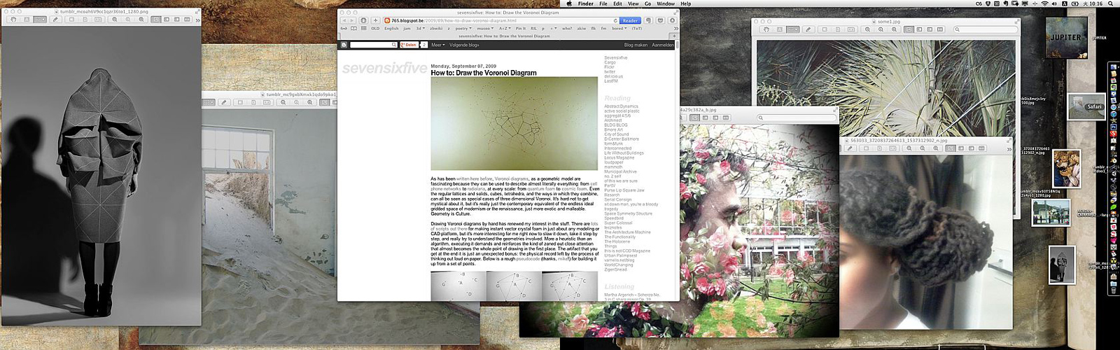 Morning's desktop, windows fanned out: a 'How to Draw the Voronoi Diagram' blog post, tumblr fashion images, palm fronds, a rose-garden double exposure, a bun of locs