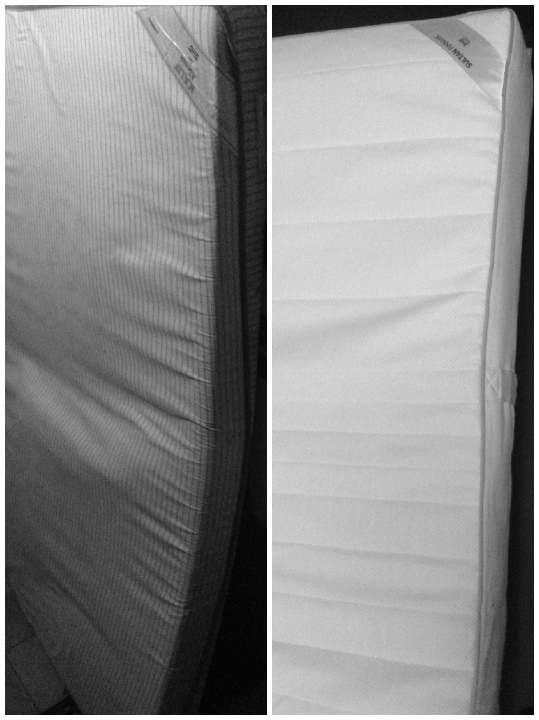Old mattress and new, side by side in black and white: the sagging striped one leaning, the taut white Sultan standing straight Old mattress and new, side by side in black and white: the sagging striped one leaning, the taut white Sultan standing straight