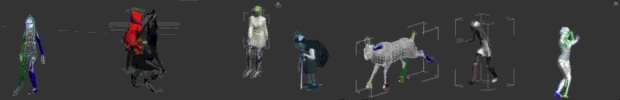 Film strip of 3D character models in a dark viewport: costumed figures, a hooded walker with a cane, a wireframe deer, dancers caught mid-pose