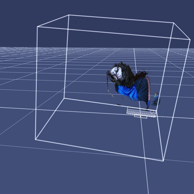 Self-portrait as a point cloud: a figure with dreadlocks floats dismembered inside a white wireframe cube on an endless blue grid