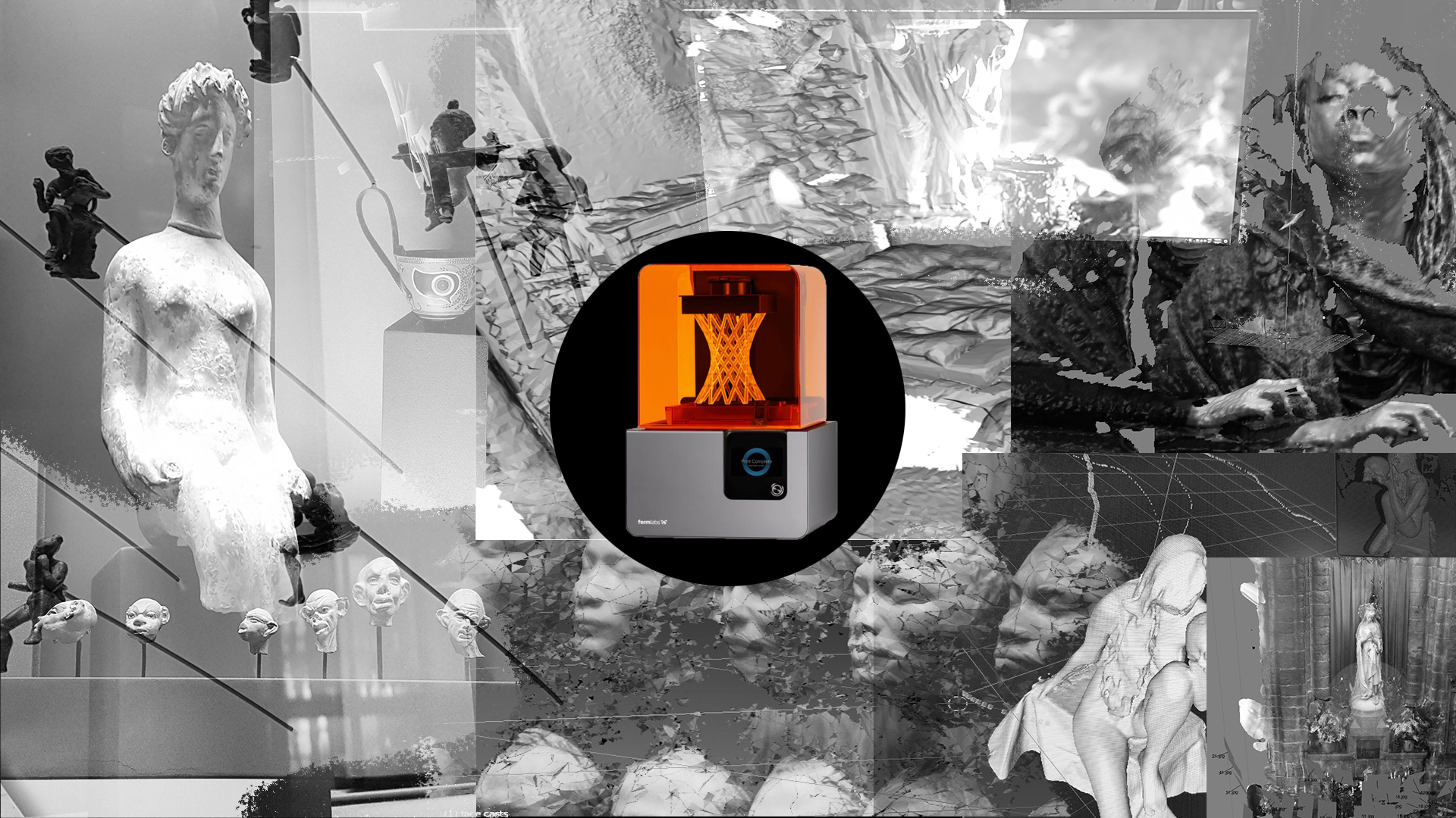 Collage manifesto: a Formlabs printer glowing orange at center, ringed by grayscale 3D scans — museum figurines, face casts, draped bodies, a Madonna in a niche