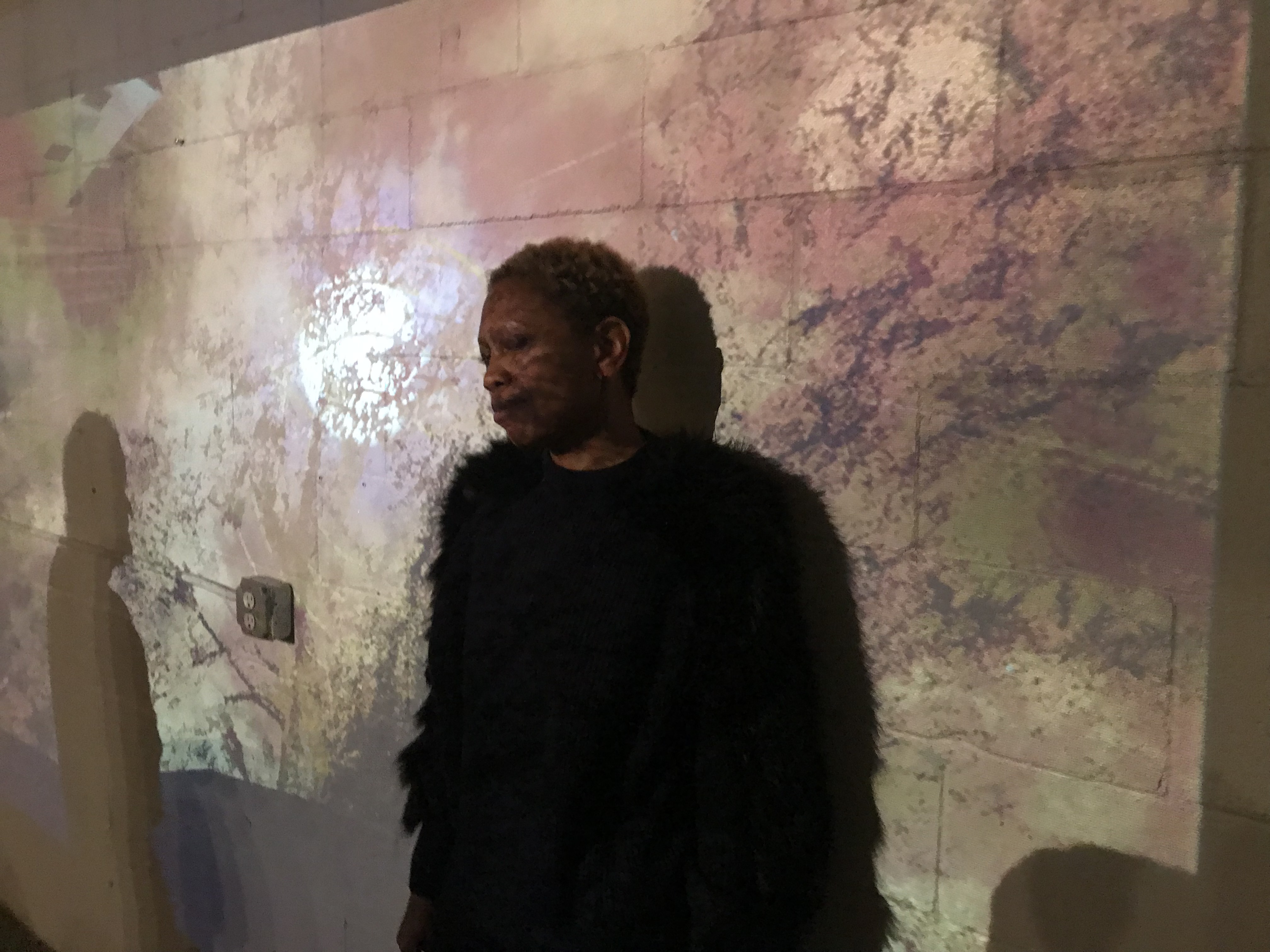 Self-portrait against a projection: standing in a black feathered coat, eyes down, while blossoms and branches wash over the wall and face