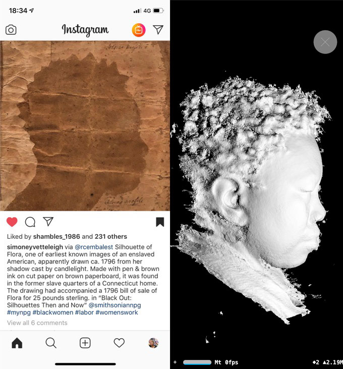 Side by side: the 1796 silhouette of Flora, an enslaved American woman, on Instagram — and a white 3D-scanned head in profile, echoing her