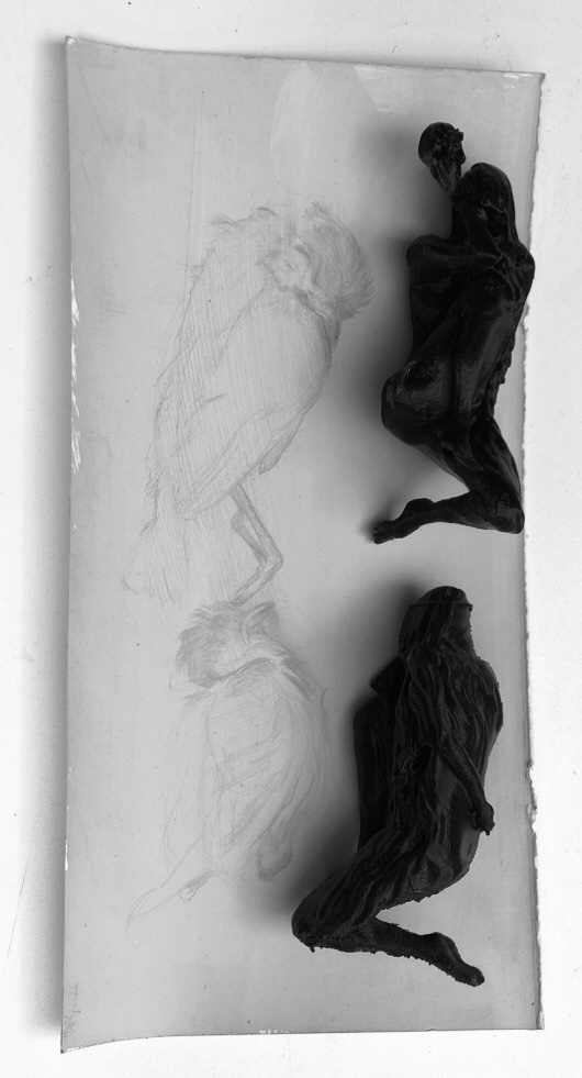 Wax-pale panel with two graphite dead birds drawn beside two black 3D-printed women curled in the same fallen pose
