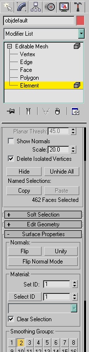3ds Max panel, Editable Mesh with Element selected: 462 faces chosen, Surface Properties open to set the material ID 3ds Max panel, Editable Mesh with Element selected: 462 faces chosen, Surface Properties open to set the material ID