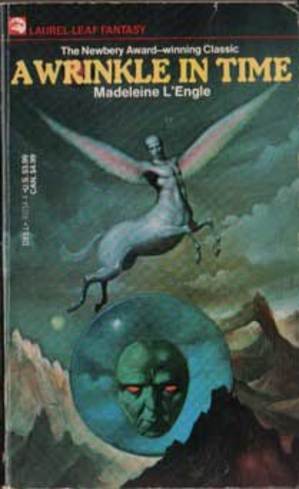Dell paperback cover of Madeleine L'Engle's A Wrinkle in Time: a winged centaur rearing over dark mountains, a green face glowering in a crystal sphere