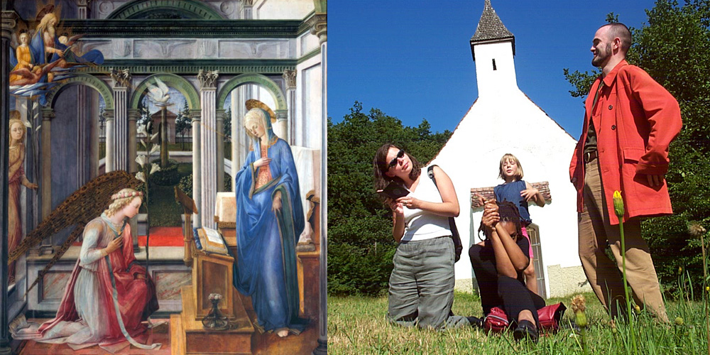 Diptych: Filippo Lippi's Annunciation, angel kneeling before Mary among arcades — and a restaging on a sunny lawn, four friends posed before a little white chapel Diptych: Filippo Lippi's Annunciation, angel kneeling before Mary among arcades — and a restaging on a sunny lawn, four friends posed before a little white chapel