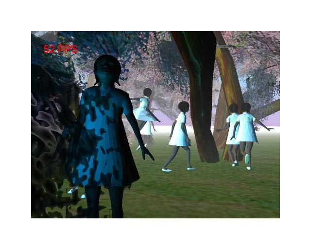 Early 3D render at 52 FPS: girls in white dresses scattered across a lawn under painted trees, one dark figure in a leaf-dappled dress up front — an army of she