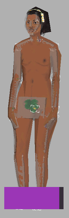 Early game avatar: a low-poly nude brown-skinned woman with black bobbed hair, arms at her sides, texture seams still showing, on a purple base
