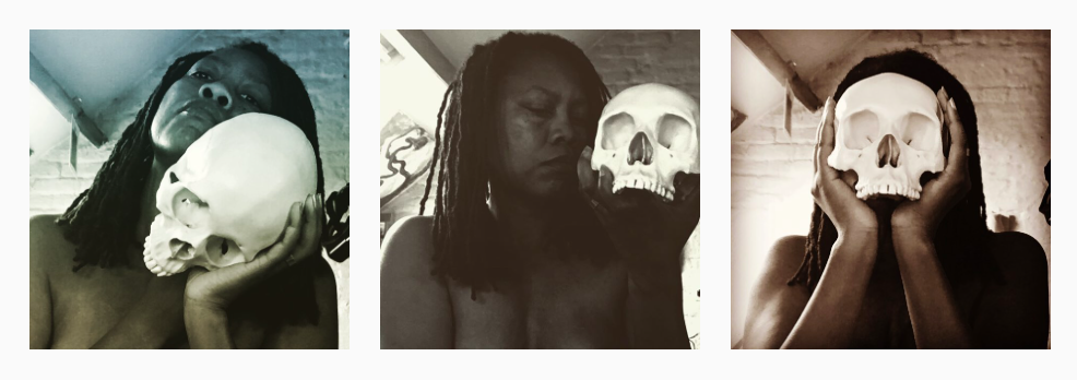 Triptych of skull self-portraits: cheek pressed to the plastic skull; regarding it at arm's length; holding it up as a second face over her own