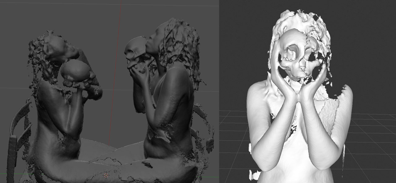 Two 3D scans side by side: dark-clay double portrait of the artist facing herself, skull in hand — and a white version, the skull held up where the face should be