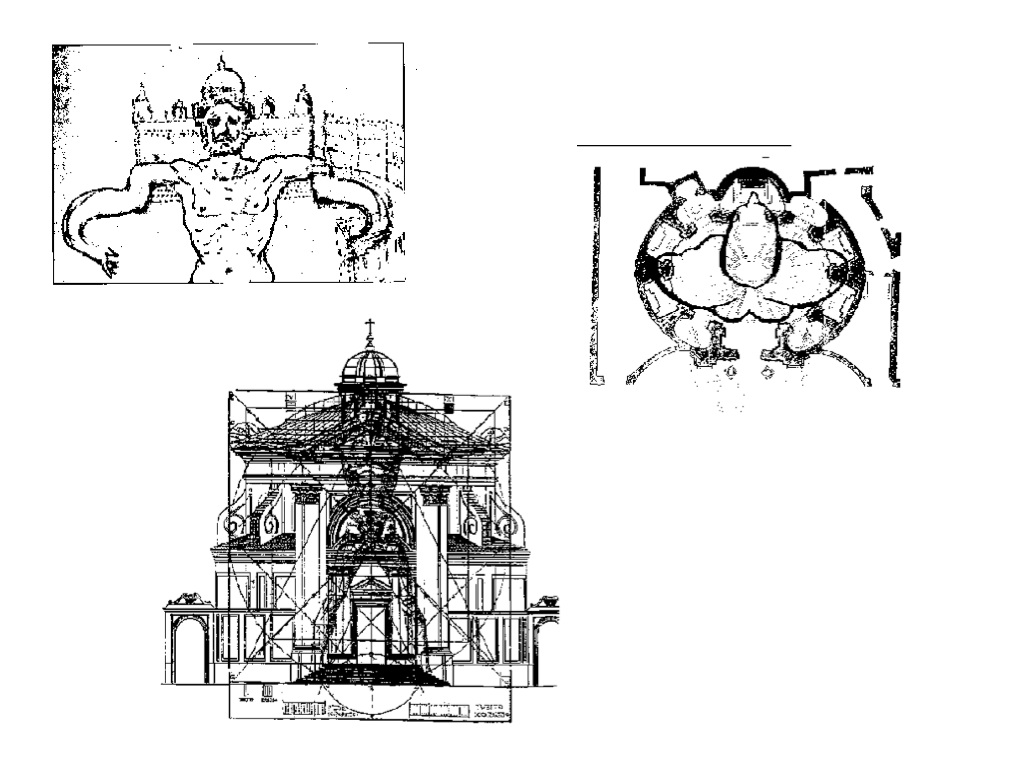 Lecture slide: three Bernini images — the Fountain of the Four Rivers figure sketch, an oval chapel plan, and Sant'Andrea al Quirinale's facade overlaid with proportion lines Lecture slide: three Bernini images — the Fountain of the Four Rivers figure sketch, an oval chapel plan, and Sant'Andrea al Quirinale's facade overlaid with proportion lines