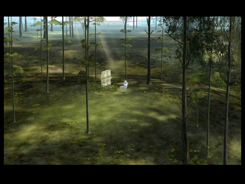 Lecture slide from The Endless Forest: sunbeams falling into a clearing where a white stag stands at a small ruin Lecture slide from The Endless Forest: sunbeams falling into a clearing where a white stag stands at a small ruin