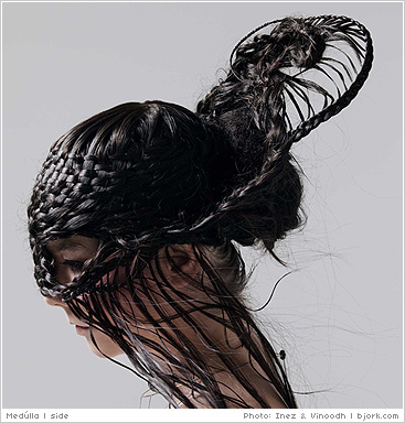 Björk in profile for Medúlla, her dark hair braided into an elaborate crown that arcs off her head and veils her face — photo Inez & Vinoodh