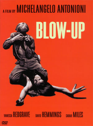 DVD cover of Antonioni's Blow-Up: on hot orange, a photographer kneels over a woman on the ground, camera raised