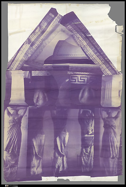 Francesca Woodman's Blueprint for a Temple: a large blue diazotype collage assembling photographed caryatids and Greek-key friezes into a temple facade