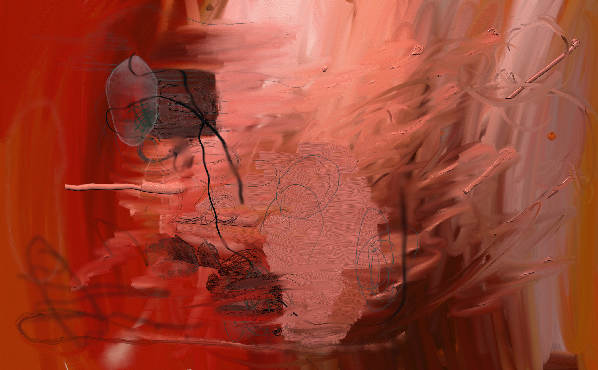 Abstract digital painting in reds and flesh pinks: smeared strokes, tangled dark lines and glossy tubular forms over an orange ground