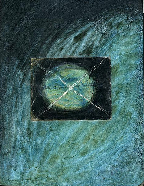 Cover of sketchbook 10: a dark window taped into mottled blue-green painted board, an X of white creases over a swirling green orb