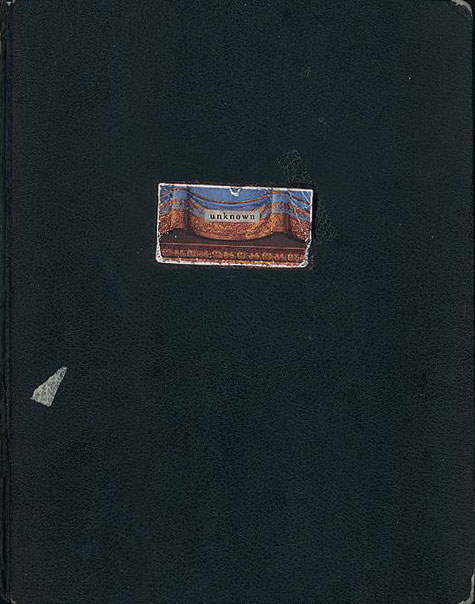 Cover of sketchbook 13: dark blue-black board with a single pasted image of a theater curtain labeled 'unknown'