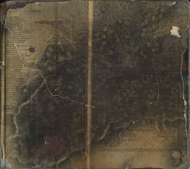Cover of sketchbook 15: the darkened, cracked contents page of an antique reader collaged under murky brown paint, entries like 'Trust in God' underlined in red