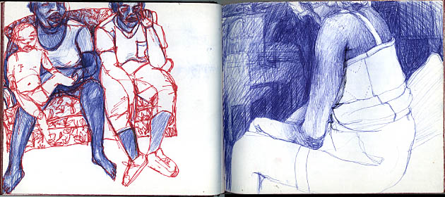 Sketchbook spread in red and blue ballpoint: a couple with a baby on a patterned couch, and opposite, a figure seen from behind in a white slip