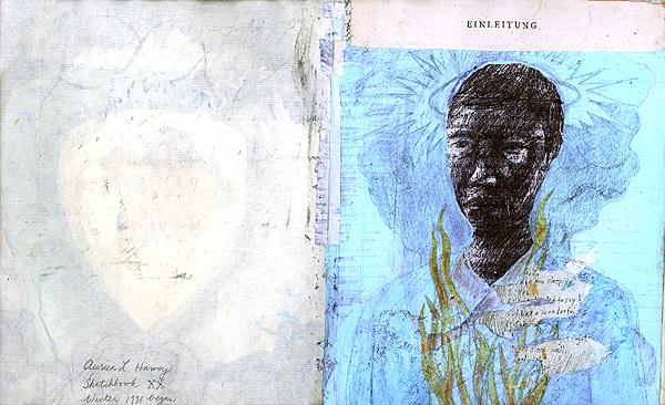Inside cover of sketchbook 20, winter 1993: an inked self-portrait on sky blue under the printed word 'EINLEITUNG', golden grasses collaged over the chest