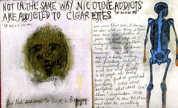 Journal spread dated 20 Nov 1993: 'not in the same way nicotine addicts are addicted to cigarettes' painted over a murky face, a blue skeleton stamped at right