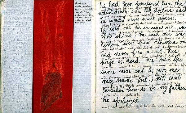 Journal spread: a red panel with a dark folded form at center, flanked by dense pages transcribing a conversation — 'he had been paralyzed from the waist down...'
