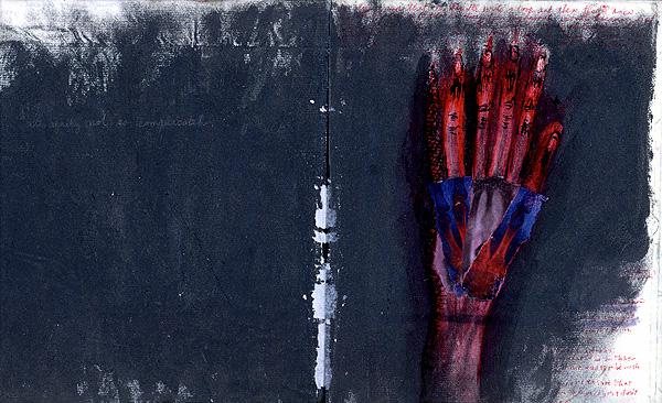 Journal spread painted black: a red anatomical hand with a blue-purple palm reaching down the right page, faint red writing in the margins