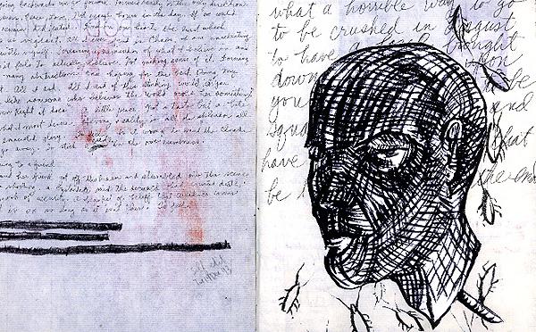 Journal spread: a crosshatched ink head with hollow eyes among falling leaves — 'what a horrible way to go, to be crushed...' — opposite a page of pencil writing