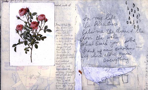 Journal spread, Oct 1993: a collaged botanical print of roses beside a dream account, and cursive on grey-blue: 'In my life the furniture eats me...'