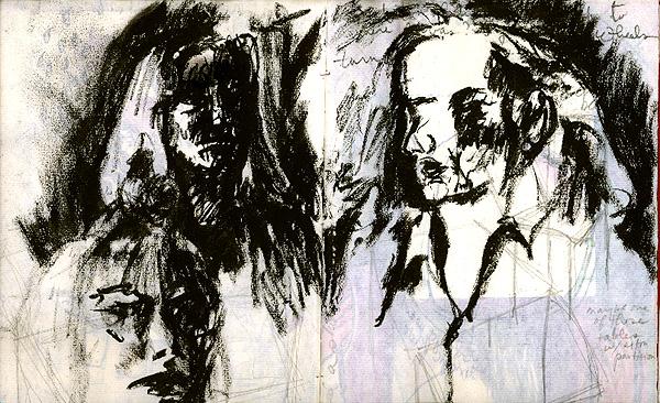 Journal spread in black grease crayon: two slashed portrait heads emerging from darkness, a third small face lower left