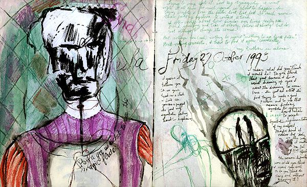 Journal spread dated Friday 22 October 1993: a purple-sweatered figure with a scribbled dark face, and a lightbulb sketch holding two tiny figures