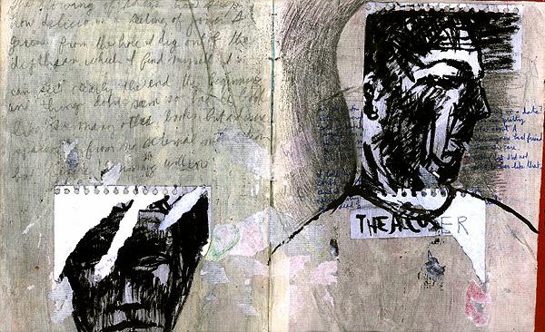 Journal spread: two torn notebook scraps with inked faces collaged over pencil writing, the profile at right labeled 'THE ACCUSER'