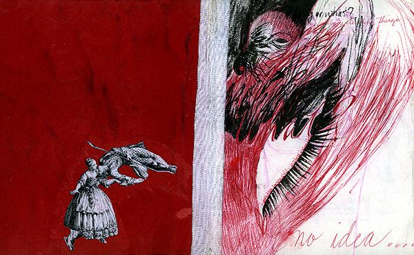 Journal spread: on deep red, a collaged engraving of a dancing couple falling, opposite a page-filling face scribbled black and red over a huge lashed eye — 'no idea....'