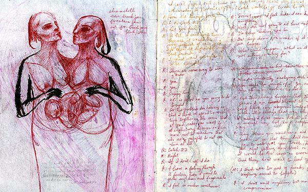 Journal spread: two red-ink figures joined at the torso holding tangled organs, opposite a dense two-column dialogue in silver and red ink over a faint photo