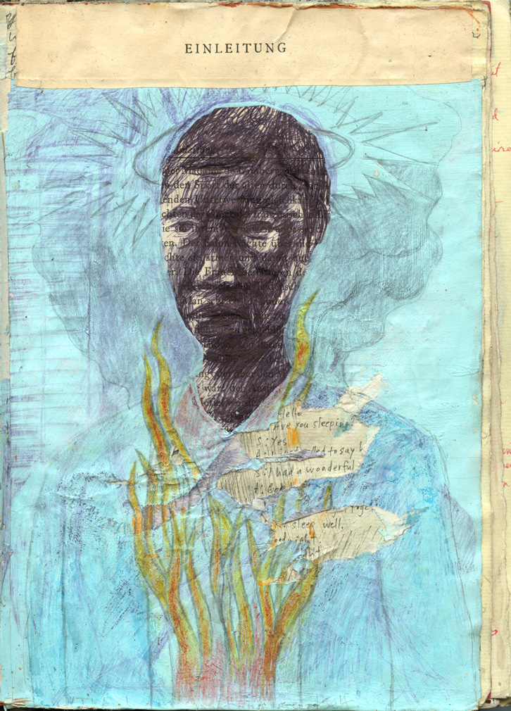 Full page of the EINLEITUNG self-portrait: inked head over German book text, halo scratched in pencil, flames and torn dialogue scraps rising across a sky-blue chest