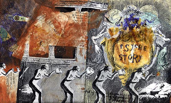Inside cover of sketchbook 20: collaged Muybridge-like figures carrying trays across the bottom, a golden crest reading 'PSYCHE STORY' held up at right, rusty reds above