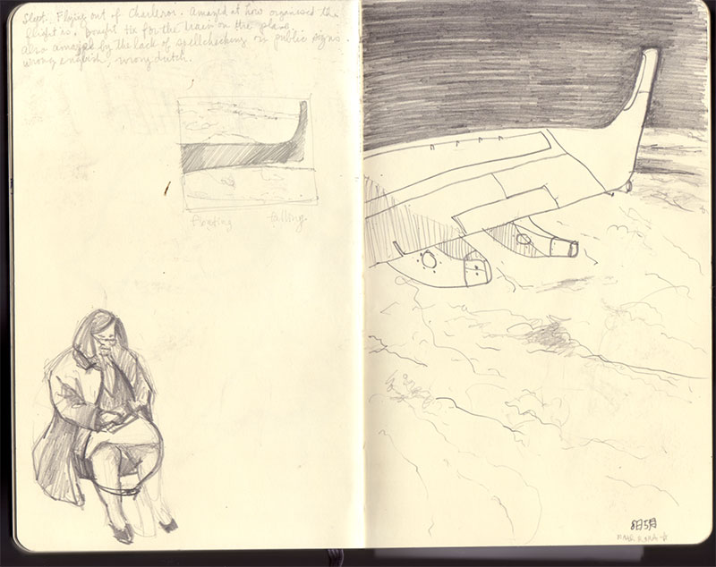 Sketchbook 31 spread in pencil: a jet seen from above the clouds and a sleeping fellow passenger — 'Slept. Flying out of Charleroi...' Sketchbook 31 spread in pencil: a jet seen from above the clouds and a sleeping fellow passenger — 'Slept. Flying out of Charleroi...'