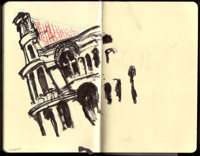 Roma sketchbook: the Colosseum's arched wall brushed in ink with red scaffolding crosshatch, tourists reduced to black strokes — 'Colleseo' Roma sketchbook: the Colosseum's arched wall brushed in ink with red scaffolding crosshatch, tourists reduced to black strokes — 'Colleseo'