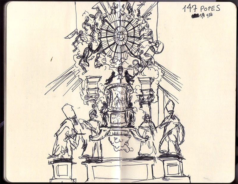 Roma sketchbook: ballpoint sketch of Bernini's Cathedra Petri in St Peter's — the dove window radiating over the bronze throne and four doctors of the church — '147 popes' Roma sketchbook: ballpoint sketch of Bernini's Cathedra Petri in St Peter's — the dove window radiating over the bronze throne and four doctors of the church — '147 popes'