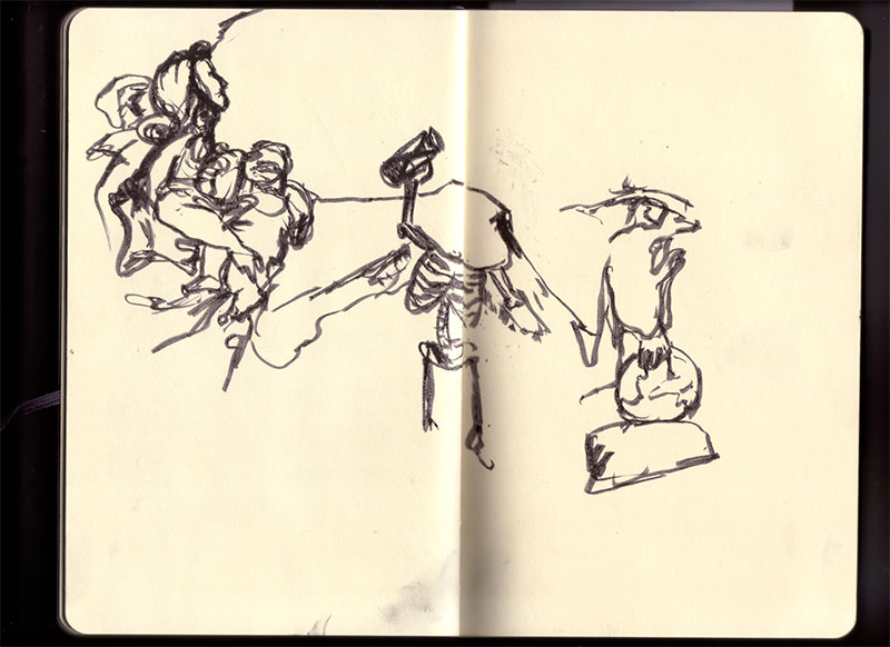 Roma sketchbook: quick ink sketches of sculpture groups — figures wrestling above a skeleton, and a robed statue on a plinth Roma sketchbook: quick ink sketches of sculpture groups — figures wrestling above a skeleton, and a robed statue on a plinth