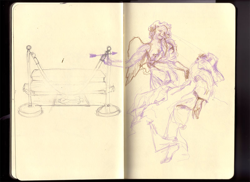 Roma sketchbook: pencil sketch of a roped-off monument, and in purple and brown, a Bernini angel reaching toward a draped reclining figure