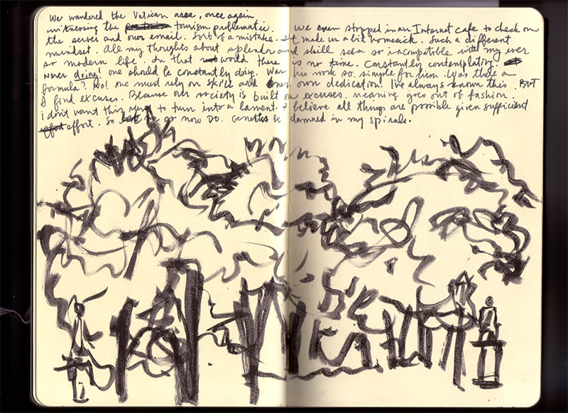 Roma sketchbook: dense ink trees in the Vatican gardens under writing about tourism and dedication — 'genetics be damned in my spirals' Roma sketchbook: dense ink trees in the Vatican gardens under writing about tourism and dedication — 'genetics be damned in my spirals'
